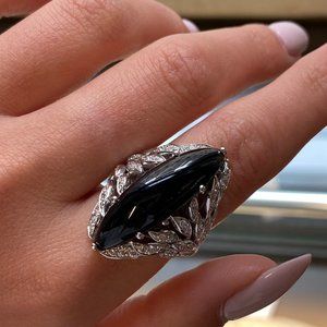 Luca Carati Black Onyx Diamond Cocktail Ring 18K White Gold 0.79Cttw Size 6.5
